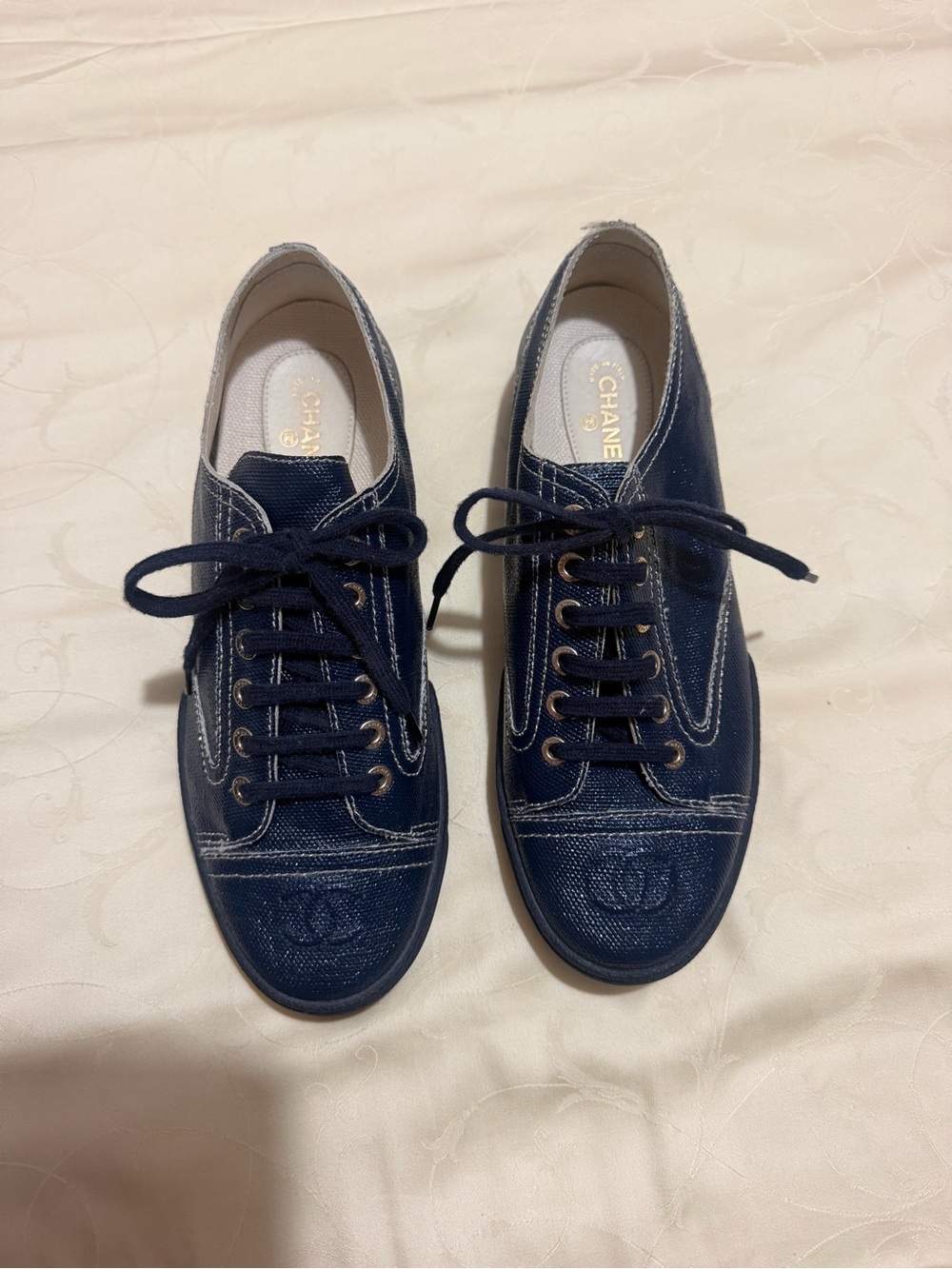 CHANEL Navy Canvas Lace-Up Sneakers with CC Toe Stitching